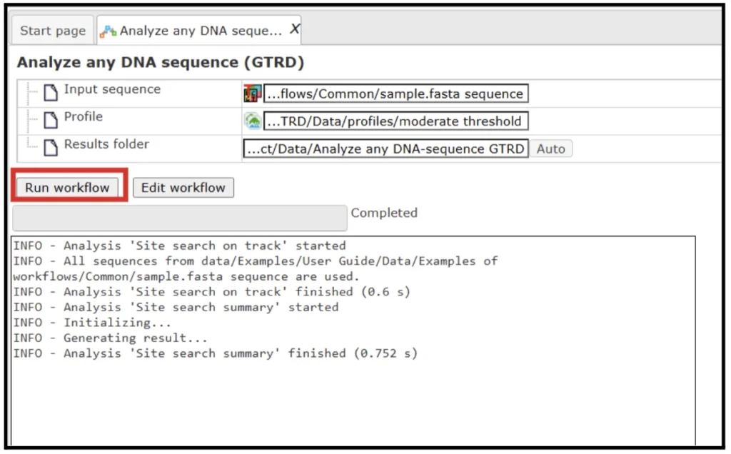 geneXplain platform Introduction, Load data, Analyze any sequence for TFBSs (GTRD) 14. Starting A Workflow 1024x636