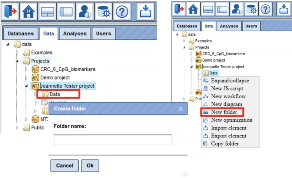 geneXplain platform Introduction, Load data, Analyze any sequence for TFBSs (GTRD) 16. Creating New Folder 1024x624