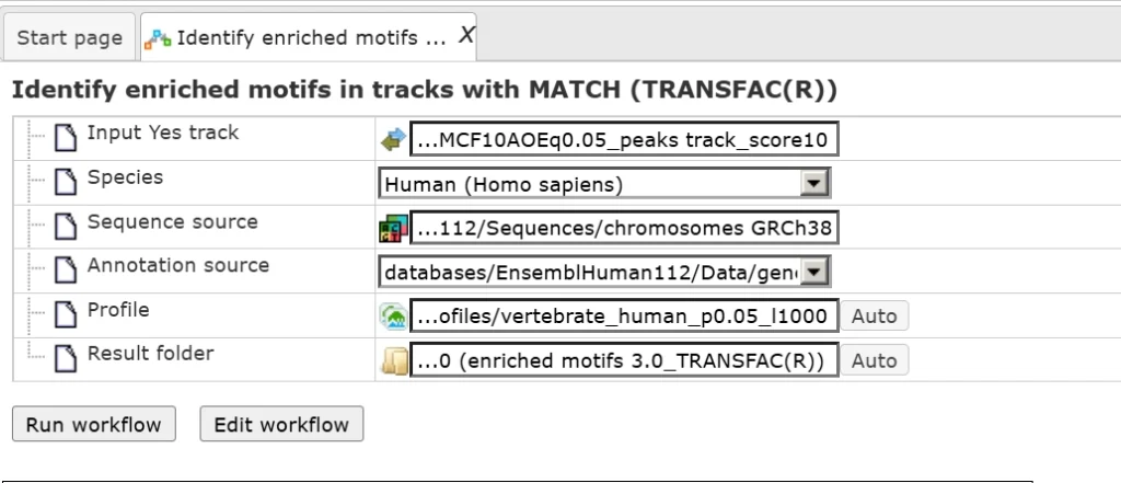 Chip-Seq data analysis Input Form Filled With The Sample Input File Used Above And TRANSFAC Profile 1024x441