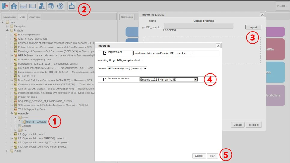 Pathway Omics suite steps to import the data into the platform