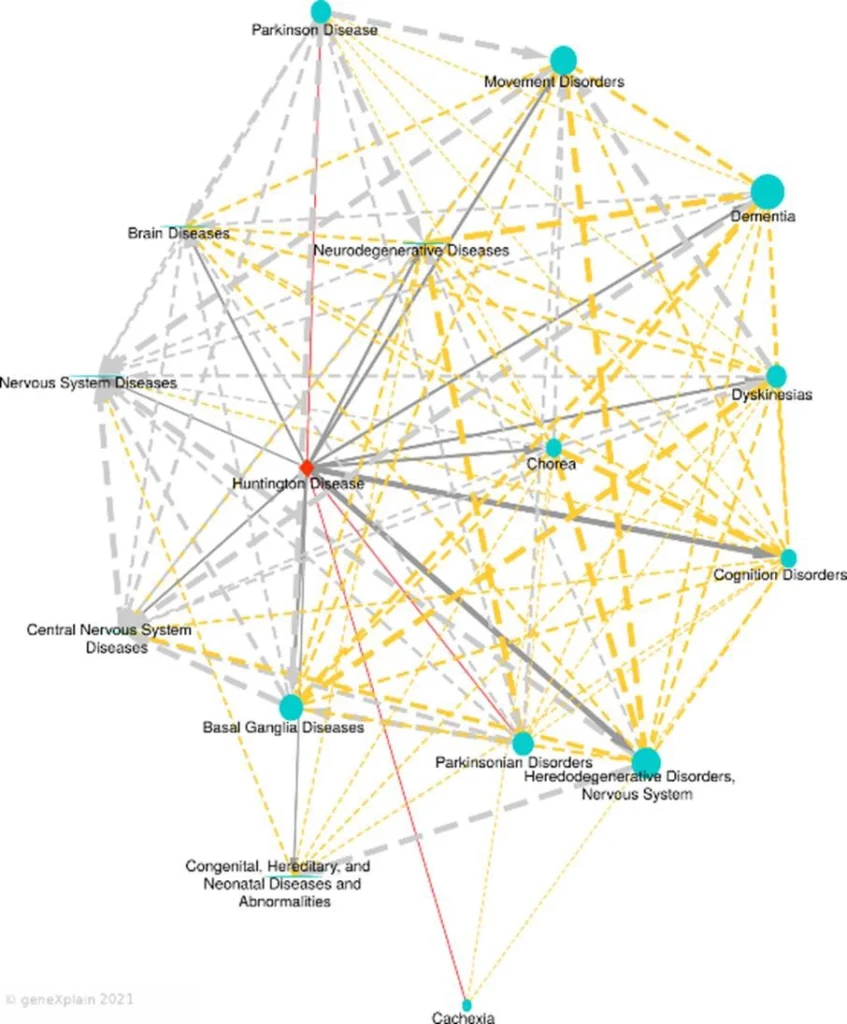 Unmasking Huntington’s Disease: From a Single Gene to a Network of Pathological Signals disease similarity map connects diseases (nodes) with edges