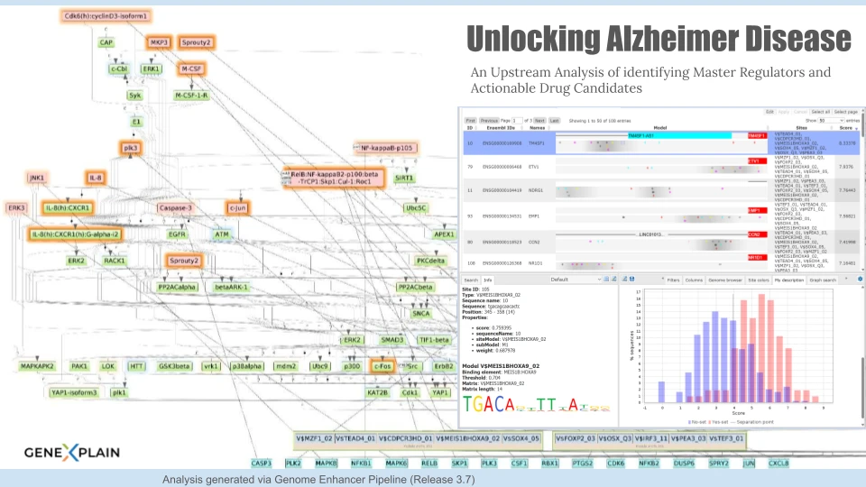 Alzheimer's Disease: From Earlier Diagnosis to Deeper Molecular Understanding Genome Enhancer analysis of the GSE144194 dataset: the reconstructed signalling network with highlighted master regulators, the table of ranked candidate regulators and the enriched transcription factor binding site model.