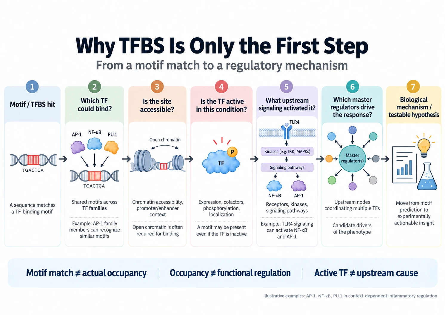 Why TFBS is only the first step: from a motif match to a regulatory mechanism in seven questions. A motif hit; which TF could bind; is the site accessible; is the TF active in this condition; what upstream signalling activated it; which master regulators drive the response; a biological mechanism and testable hypothesis. Motif match is not actual occupancy, occupancy is not functional regulation, an active TF is not the upstream cause.